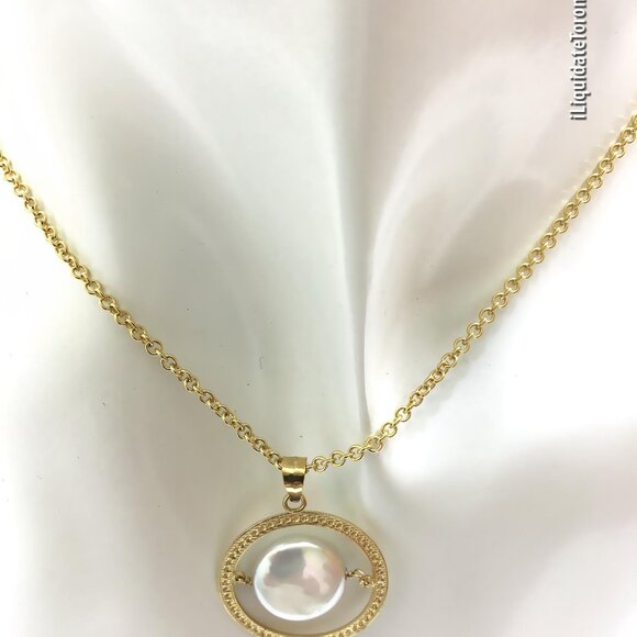 Pretty 14K Yellow Gold Genuine Floating Coin Pearl Necklace with 14K Rolo Chain - Picture 9 of 9